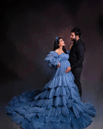 Mqtime Fluffy Tiered Tulle Maternity Dress Photoshoot Front Split Layered Mesh Sweetheart Photography Dresses for Pregnant Woman Custom